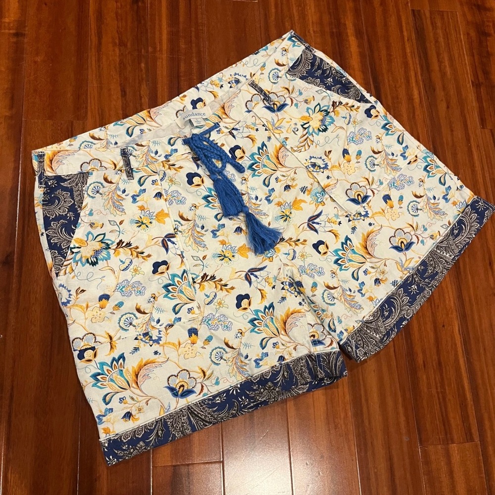 Sundance Linen Cotton Shorts Boho Paisley Print Rope Tie Pockets Blue Yellow L